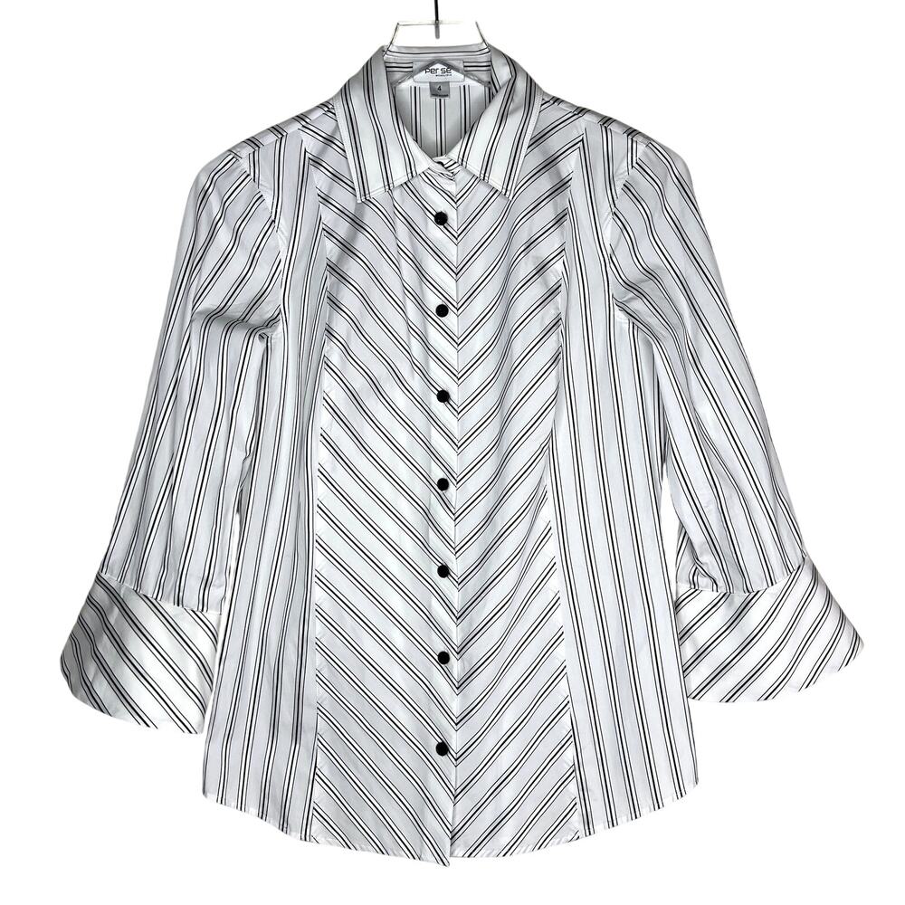 Per Se by Carlisle White Black Striped Button Front Blouse Top 3/4 Sleeve 4